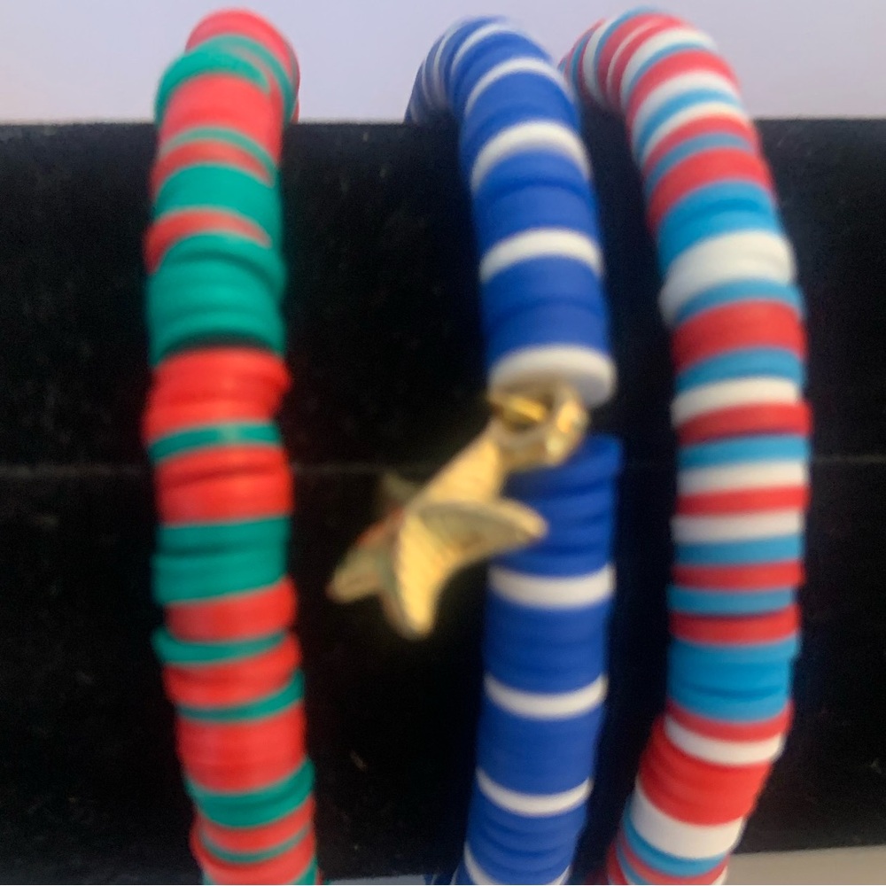 Colorful Clay Beaded Bracelets Set, Holiday Trio, stacking brackets